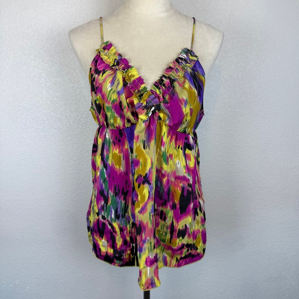 Y2K Charlotte Russe Women's Abstract Print Ruffle V Neck Back Tie Flowy Tank Top